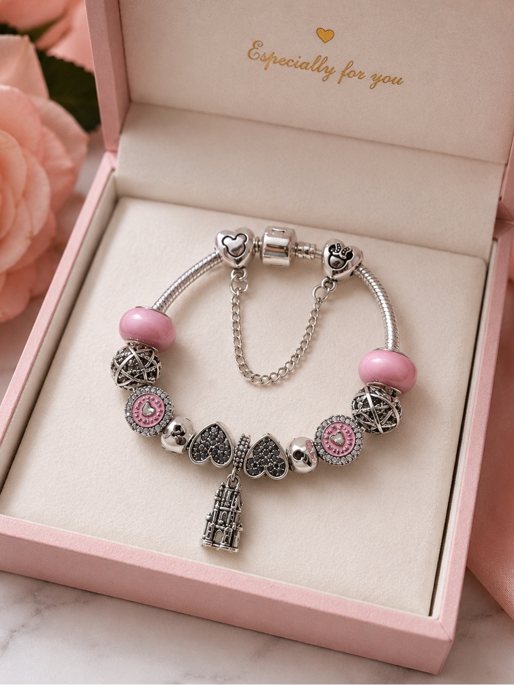 Disney Minnie Mouse Silver Charm Bracelet with Pink Accents Dangle castle